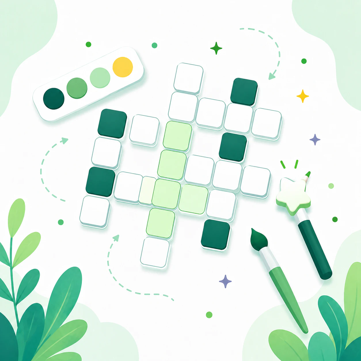 Illustrated crossword board with green color palette and branded tools