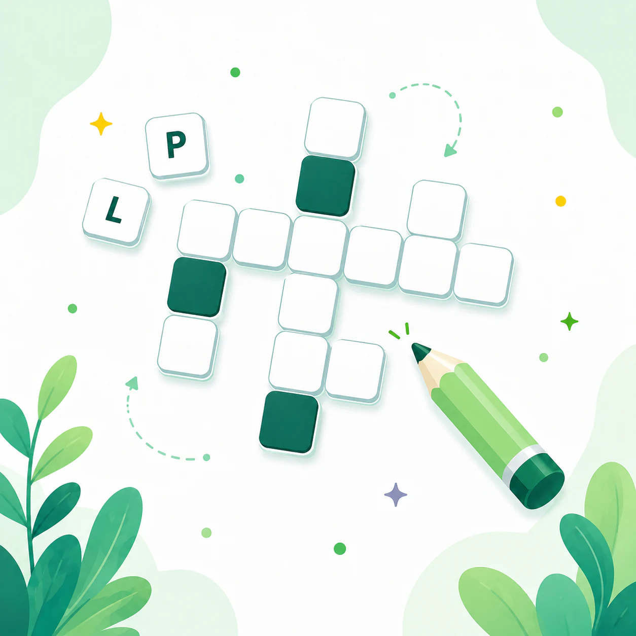 Illustrated crossword setup with empty green puzzle tiles and pencil