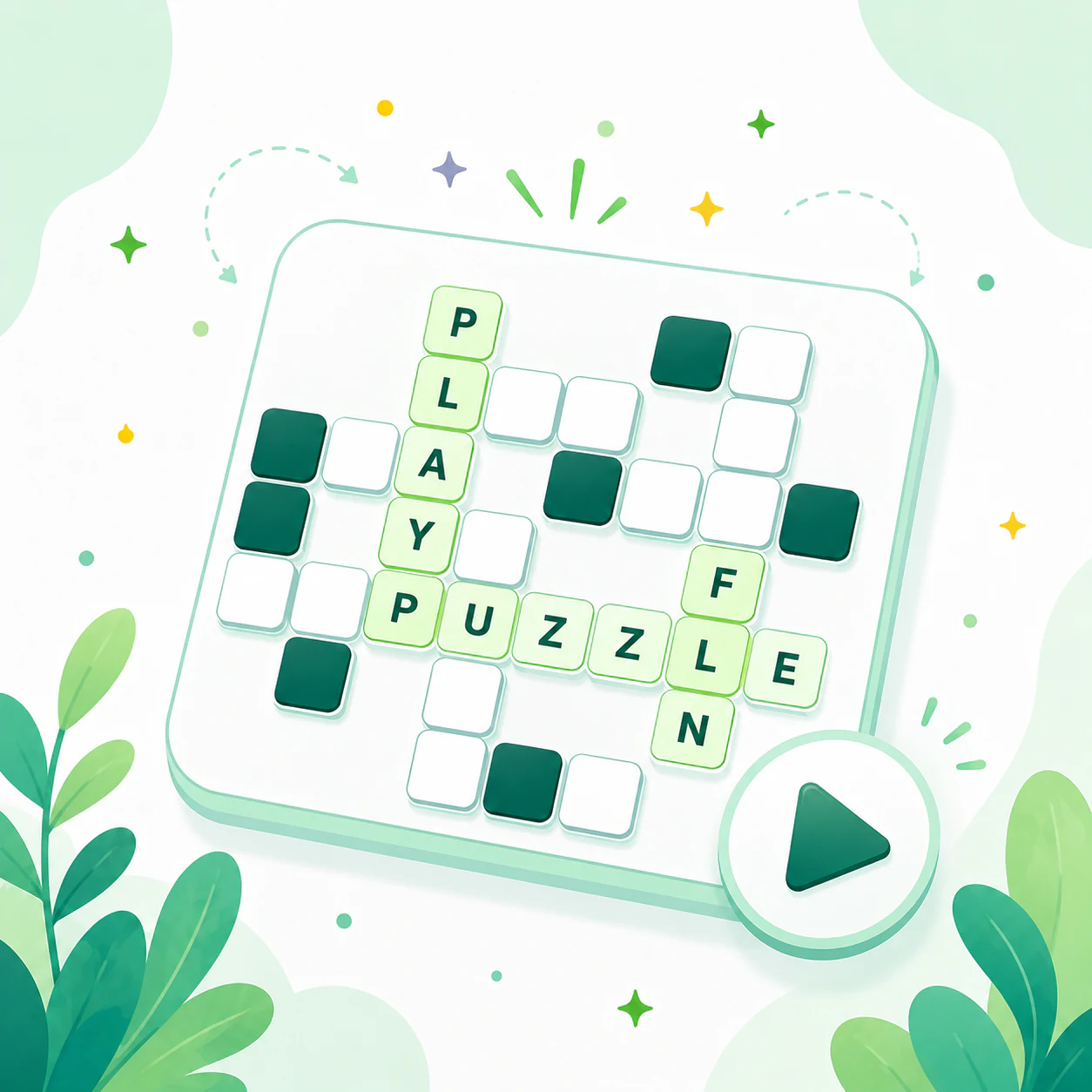 Illustrated crossword game screen with play button