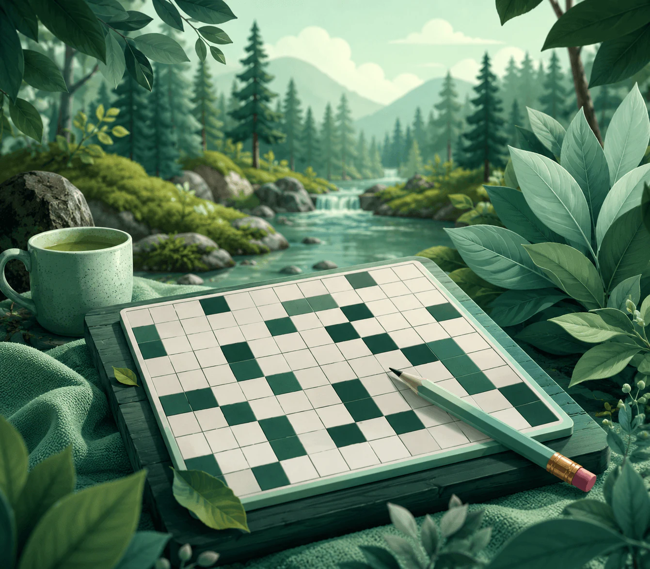 Illustrated crossword puzzle board with green tiles and pencil