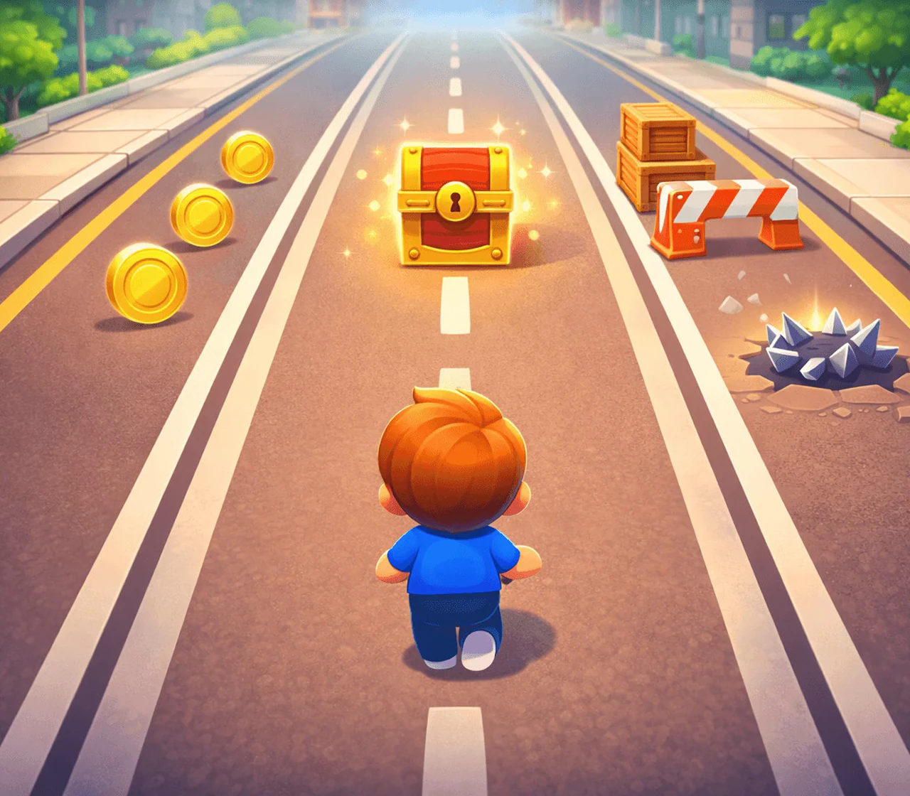 Illustrated endless runner game scene with a runner collecting items on a road