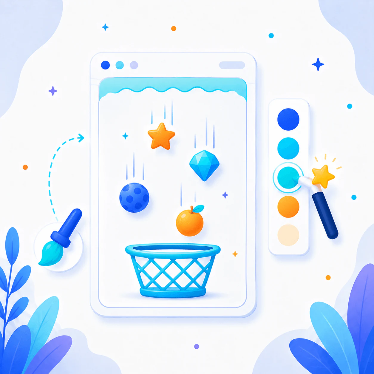 Illustrated branded falling objects game with custom item colors
