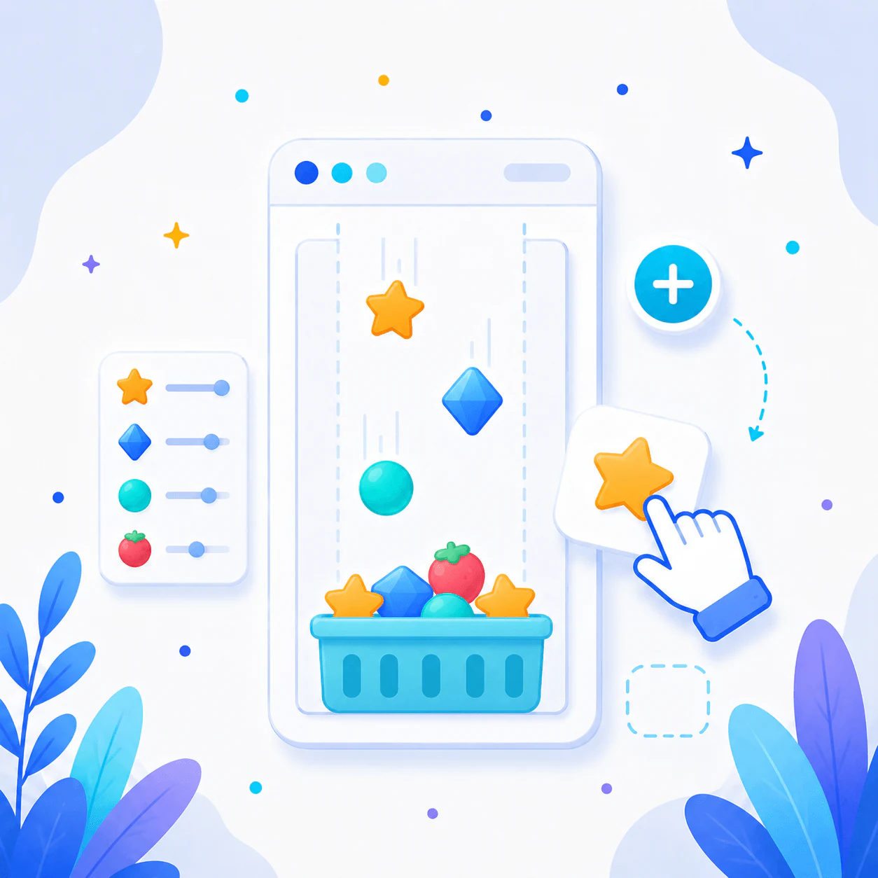 Illustrated falling objects setup with items dropping into a basket