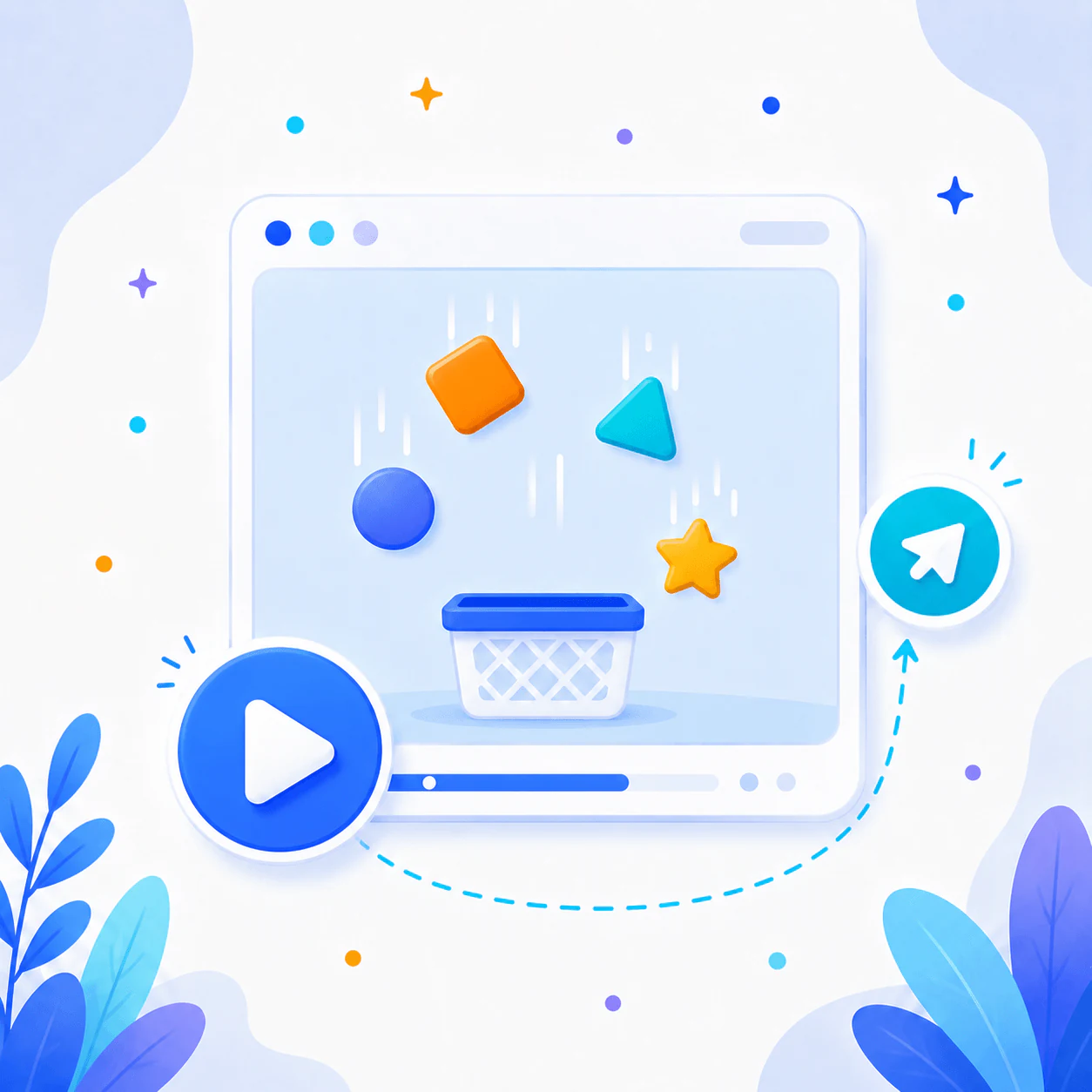 Illustrated falling objects campaign displayed inside a browser-style frame