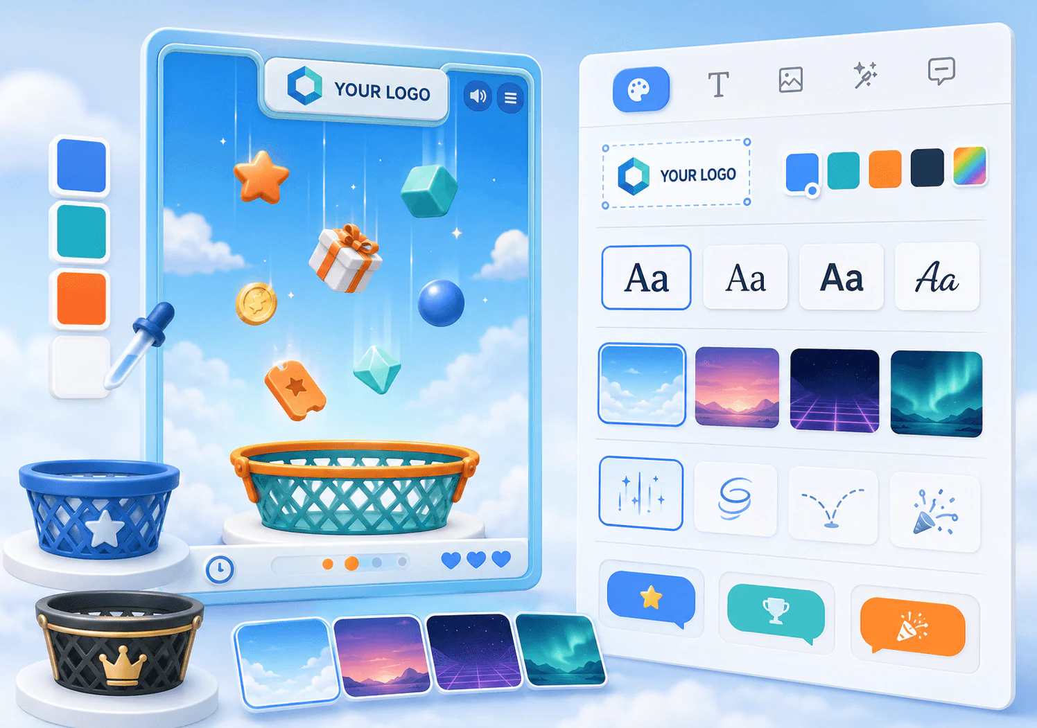 ResultFly falling objects game screen with falling items and campaign controls