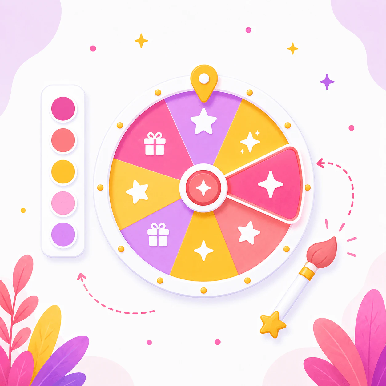Illustrated branded fortune wheel with customized colors and rewards