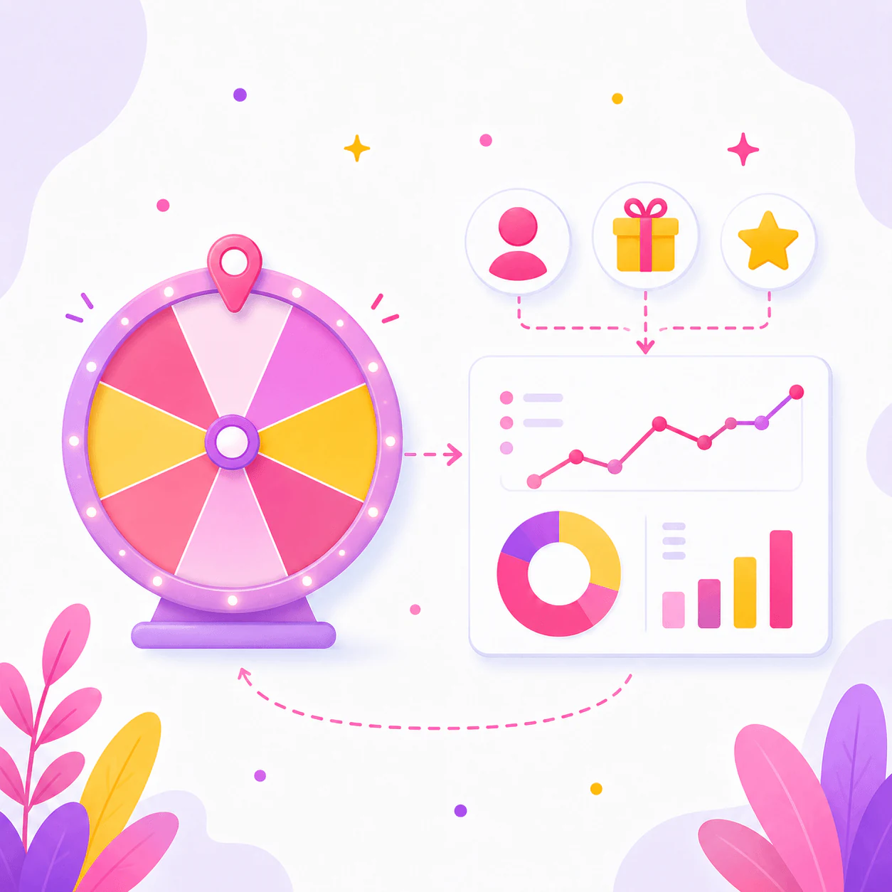 Illustrated fortune wheel connected to customer data and reward analytics