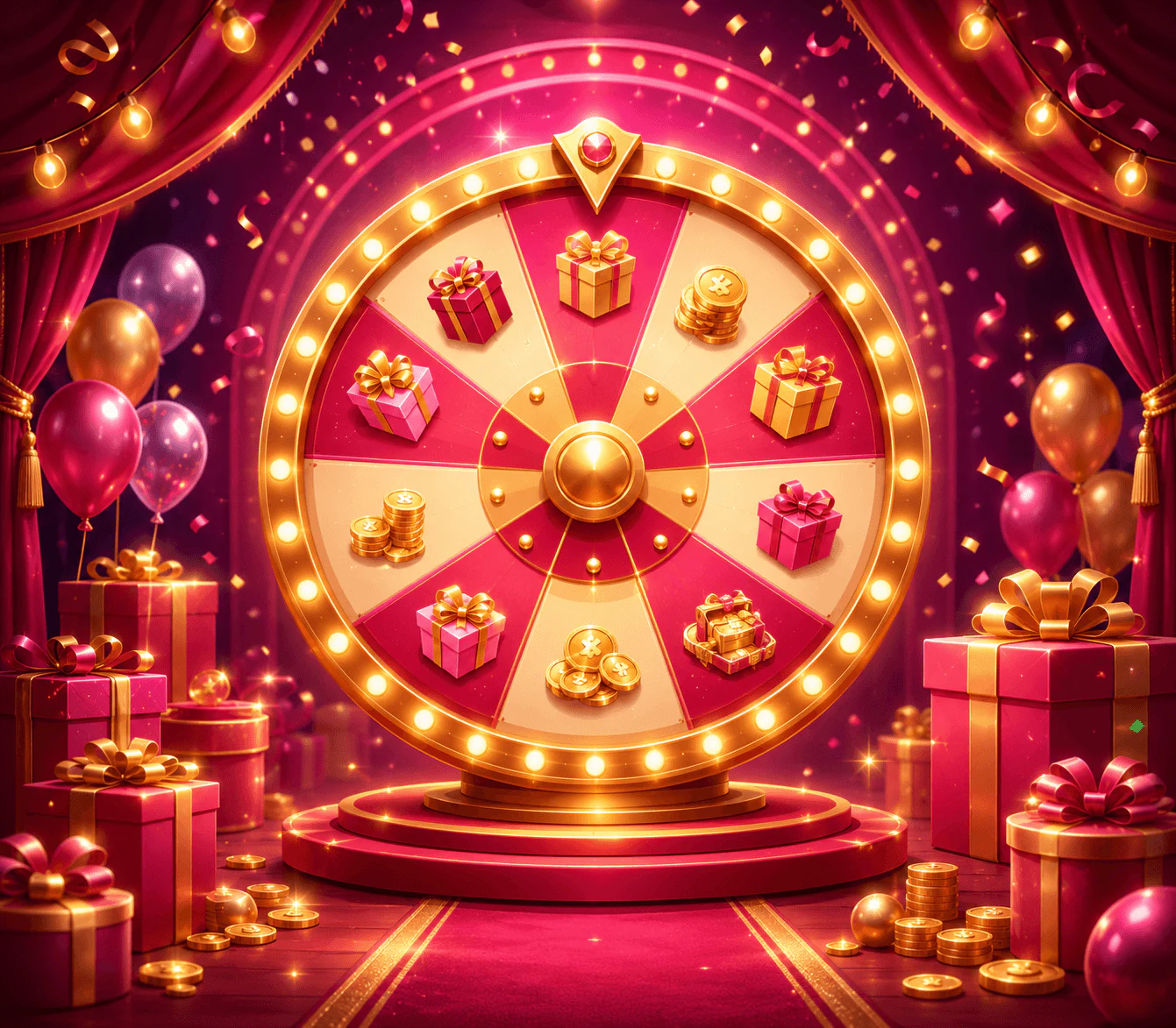 Illustrated prize wheel with gifts, coins, and star rewards