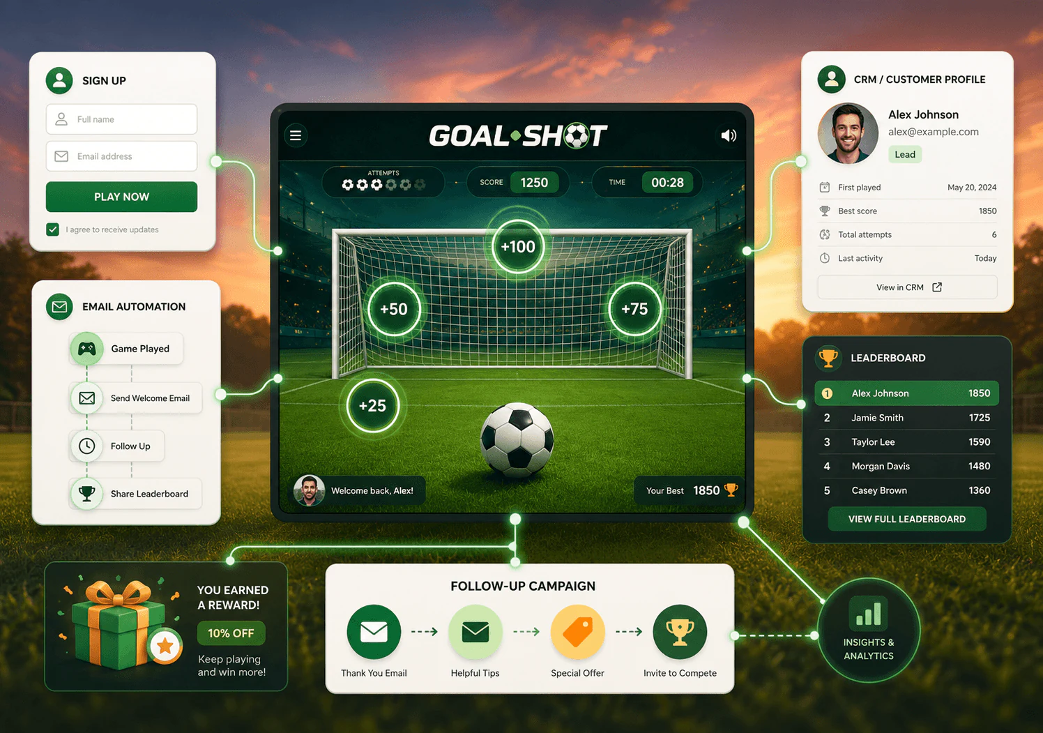 ResultFly goal shot game screen with a field target and campaign controls