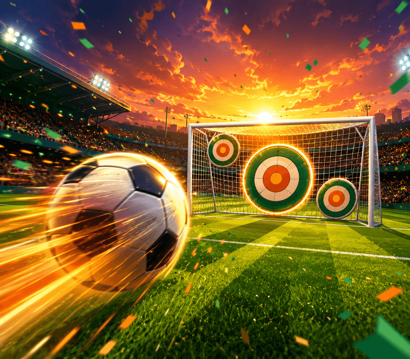 Illustrated soccer ball flying into a goal on a green field
