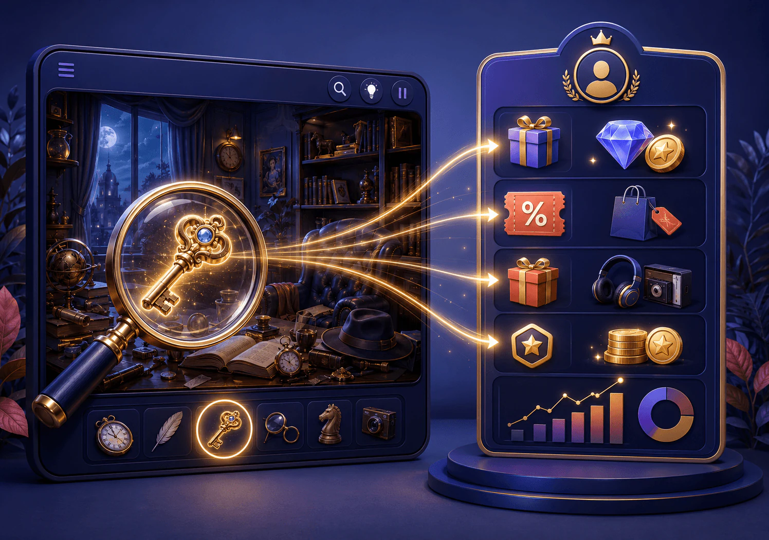 ResultFly hidden objects game screen with a search scene and campaign controls