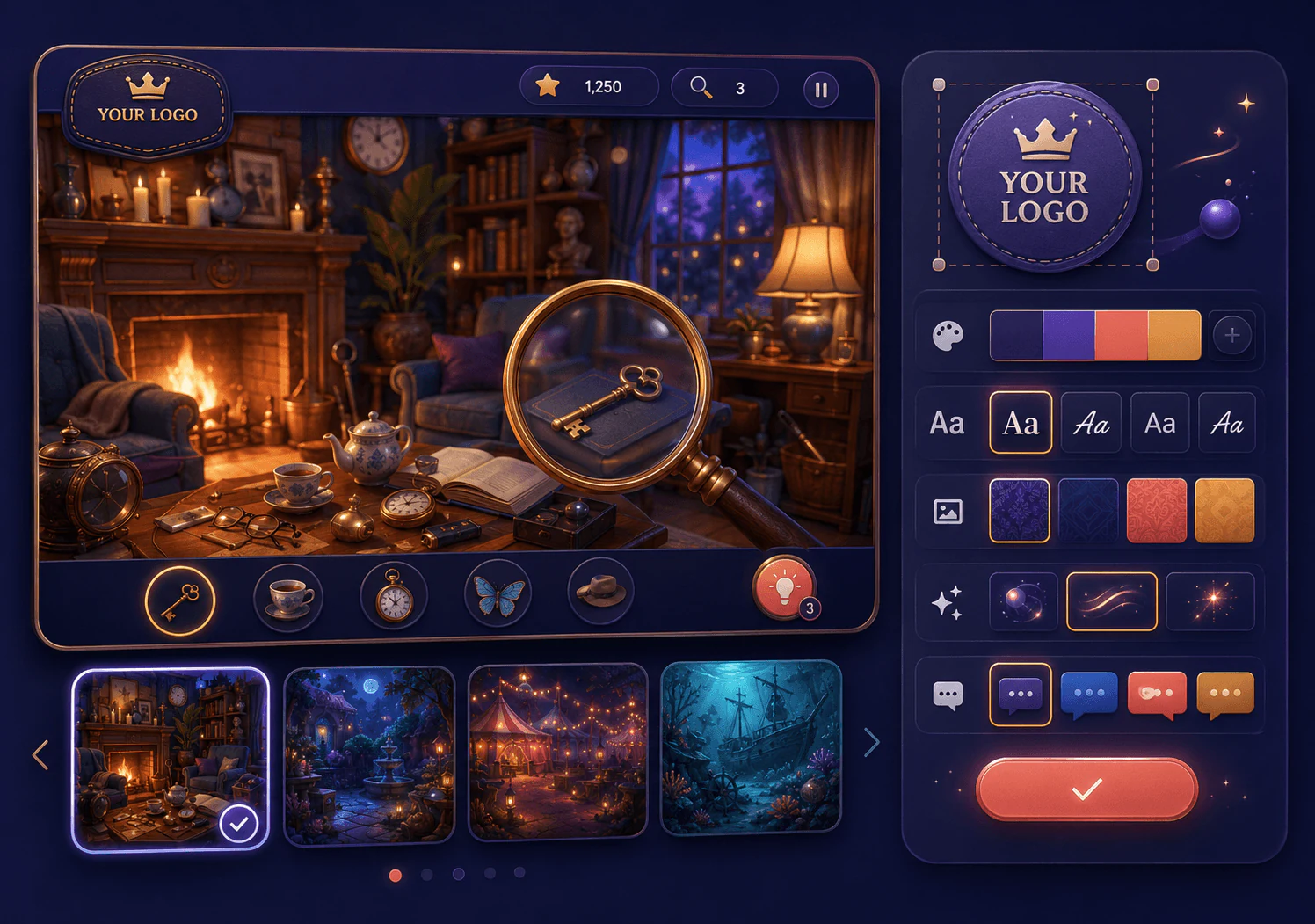 ResultFly hidden objects game screen with a search scene and campaign controls
