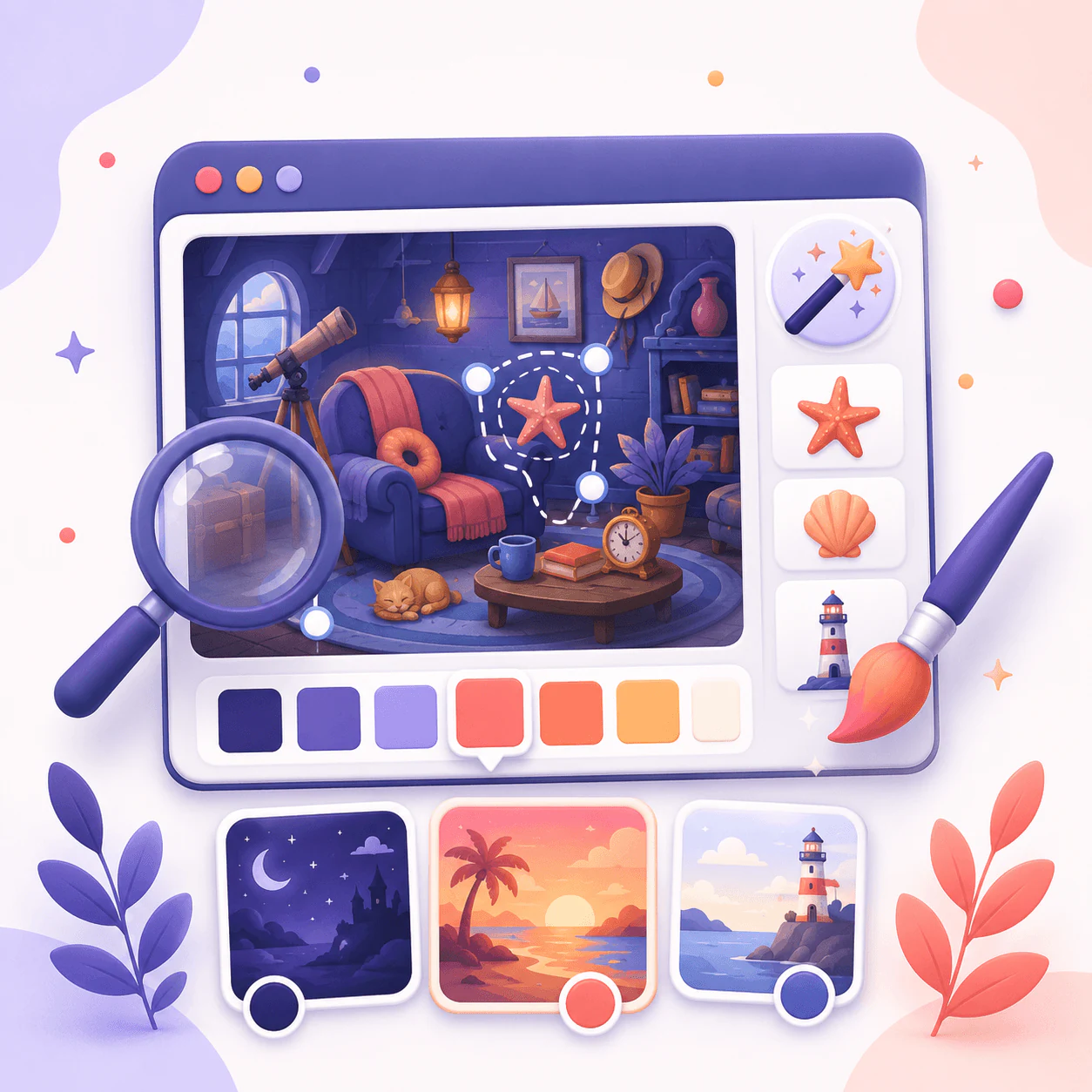 Illustrated branded hidden objects scene with custom colors and objects