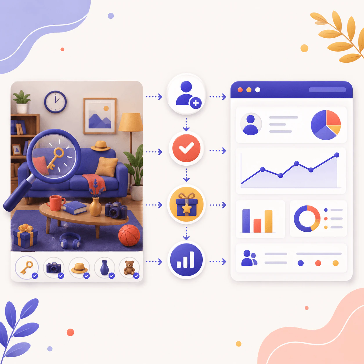 Illustrated hidden objects game connected to customer data and analytics