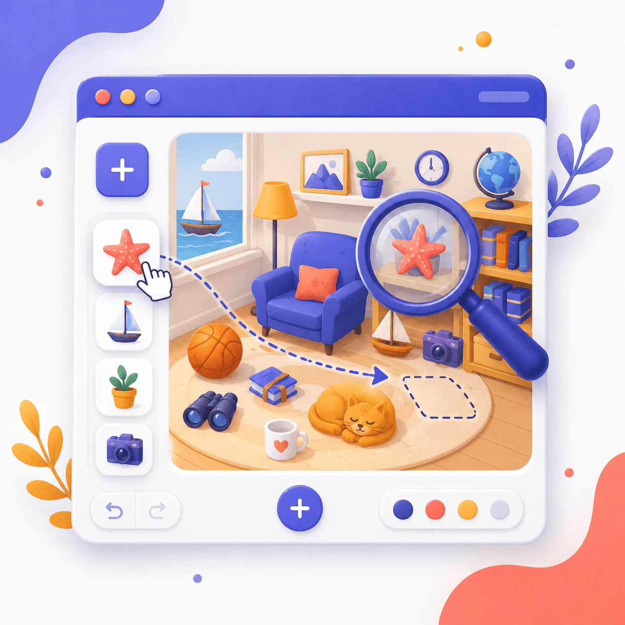 Illustrated hidden objects setup with magnifying glass and target items