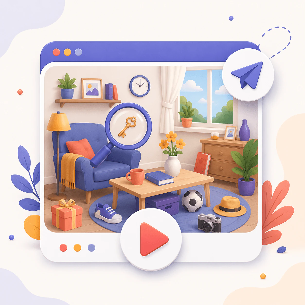 Illustrated hidden objects campaign displayed inside a browser-style frame