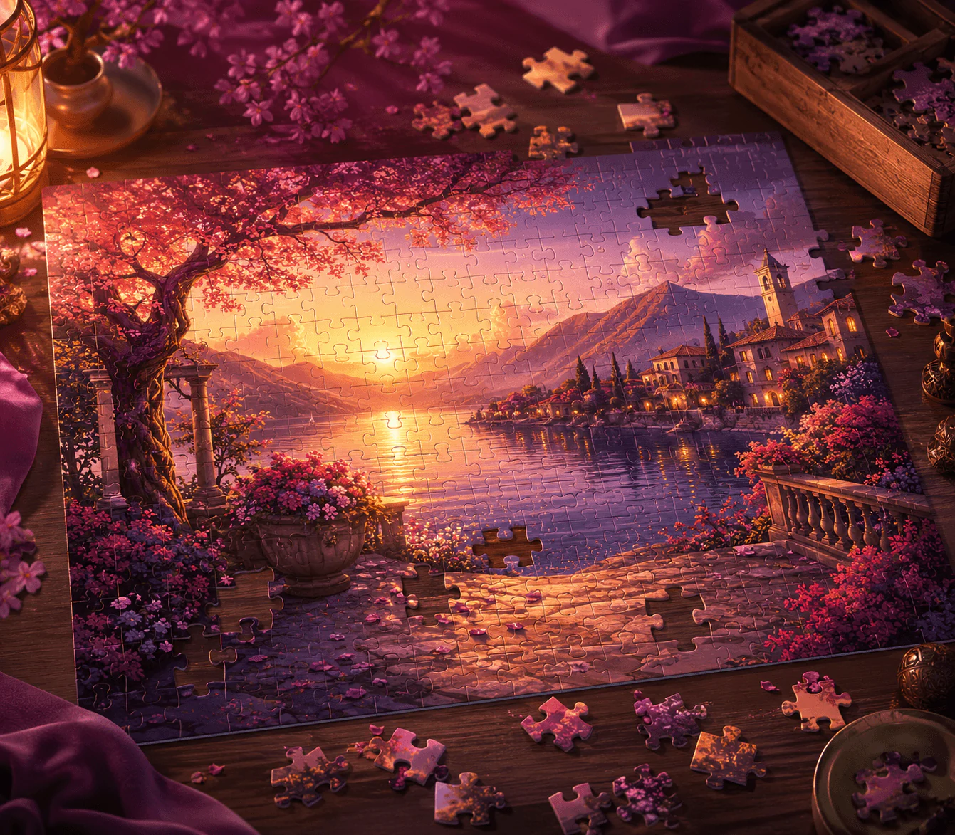 Illustrated jigsaw puzzle pieces in pink, purple, and yellow