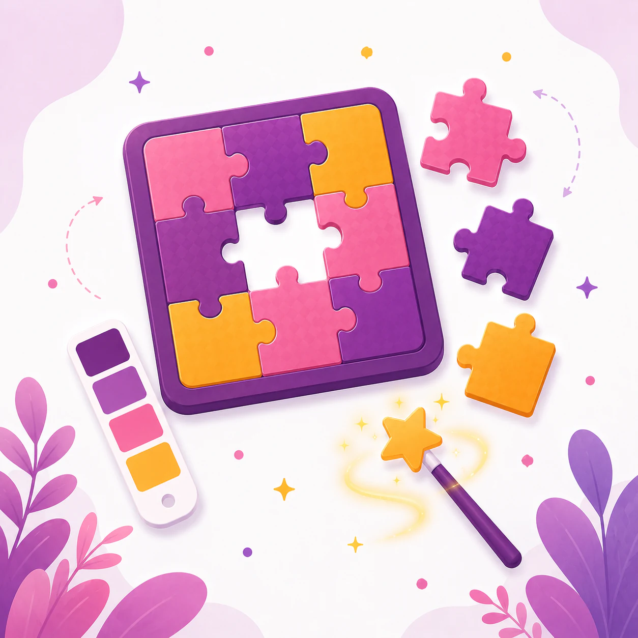 Illustrated branded jigsaw puzzle board with color palette and magic wand