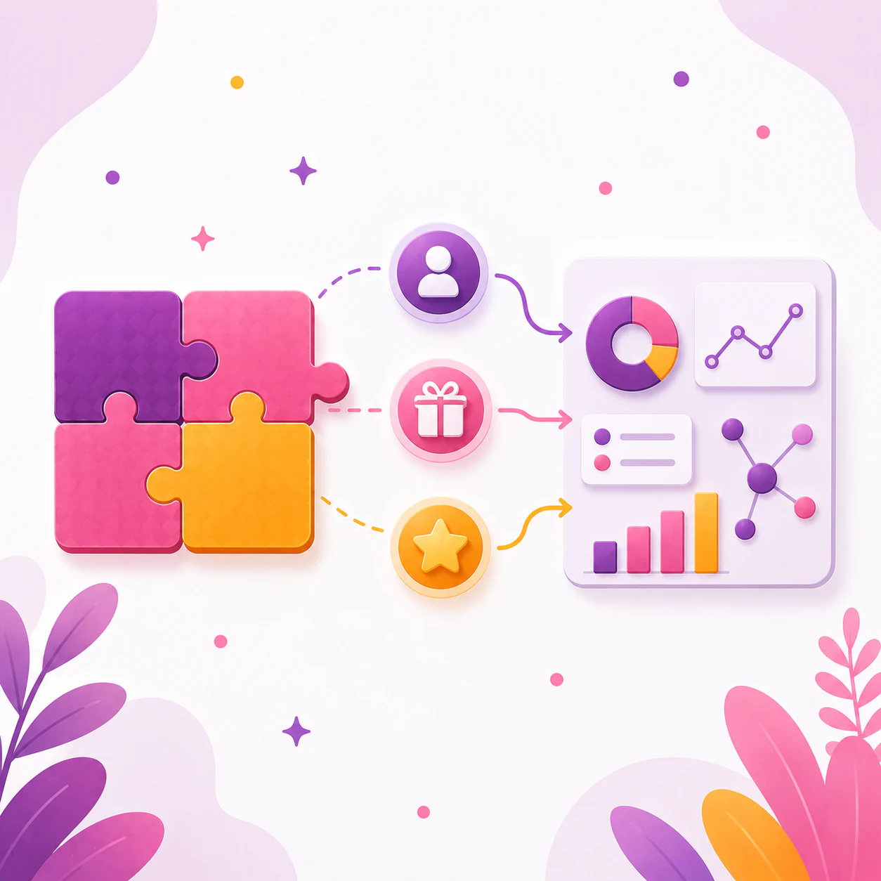 Illustrated jigsaw puzzle connected to customer data and analytics