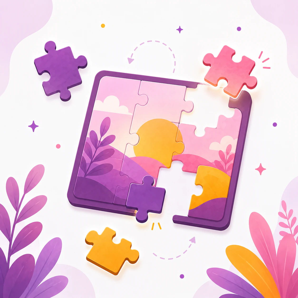 Illustrated jigsaw puzzle setup with missing pieces and landscape image