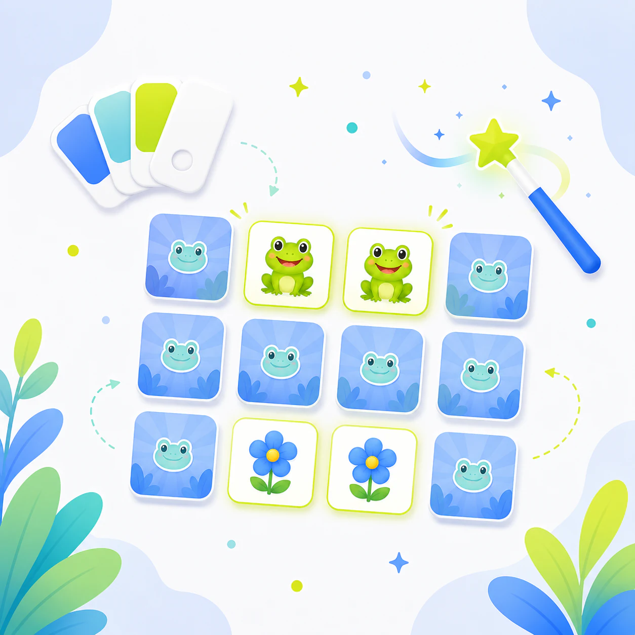 Illustrated matching game board with custom cards and magic wand