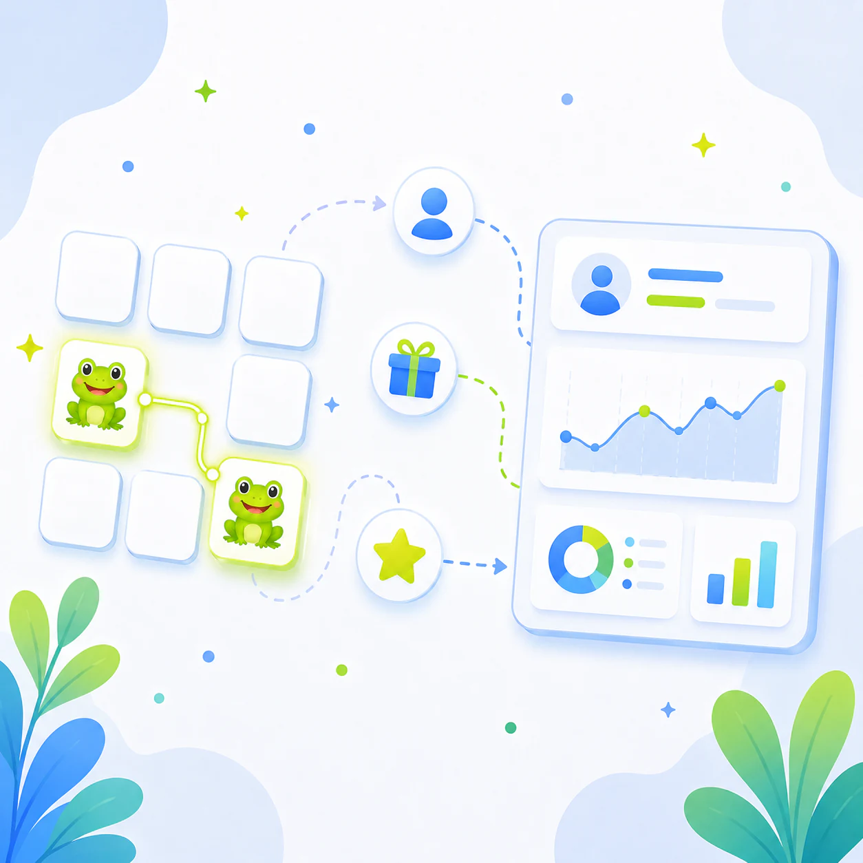 Illustrated matching game connected to customer data and analytics