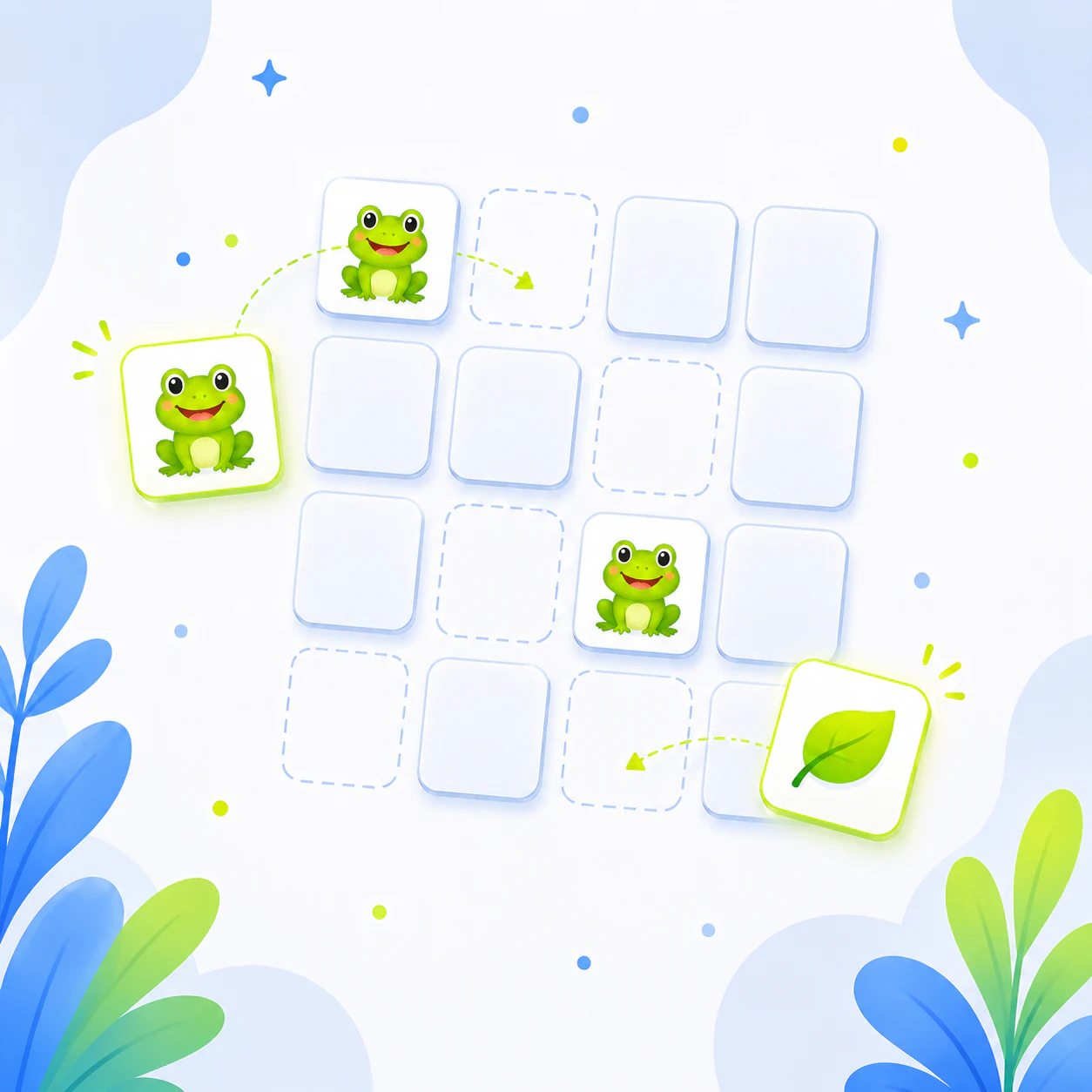 Illustrated matching game board with paired frog and leaf cards