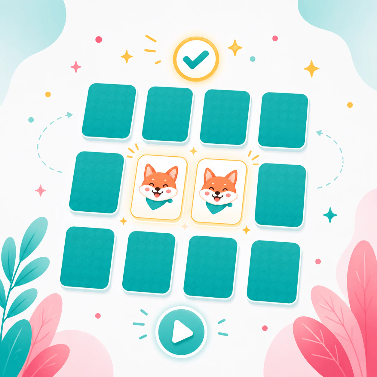 Branded memory game layout with matched fox cards and play controls