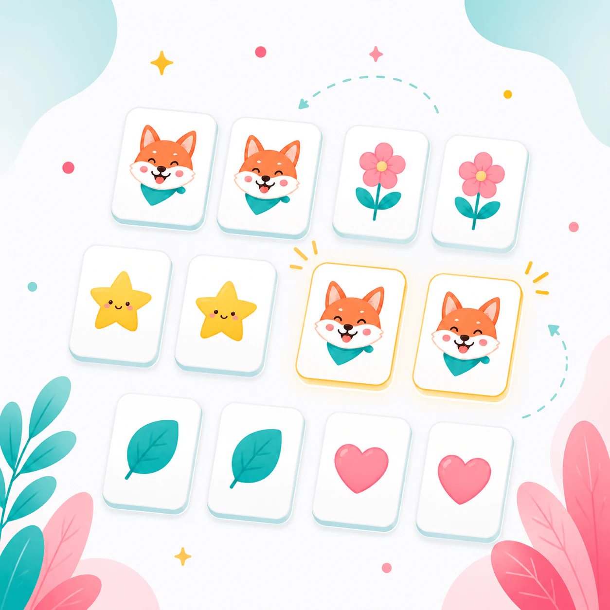 Completed memory game board with matched cards in rows