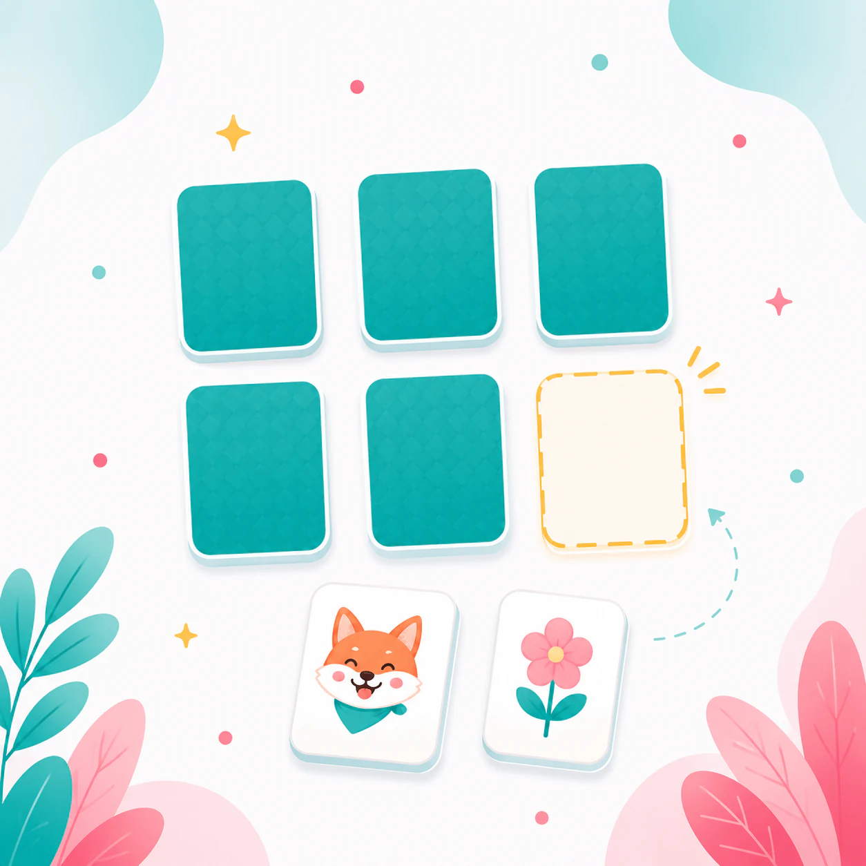 Memory game setup with facedown cards and two revealed card designs
