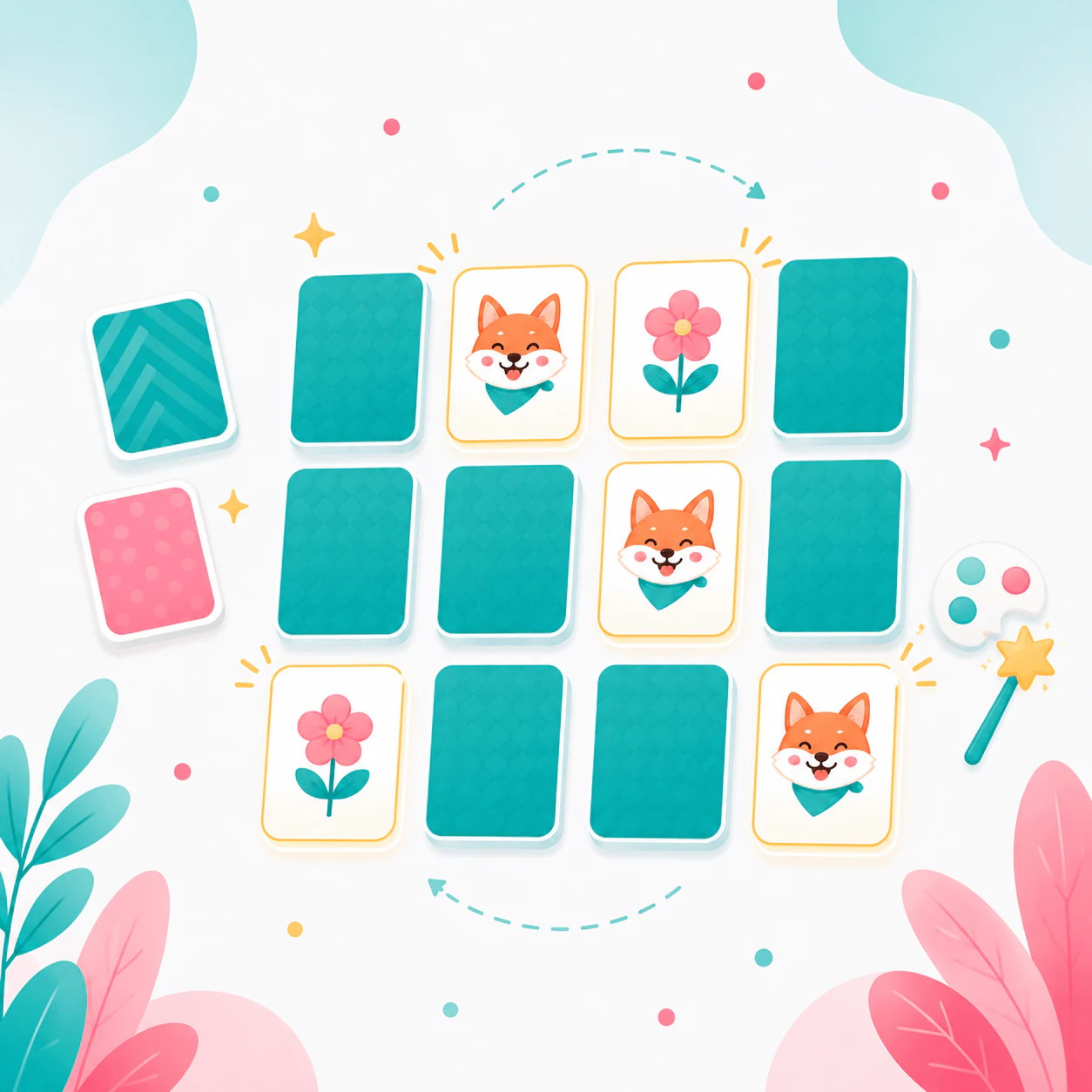Memory game board with multiple revealed fox and flower cards