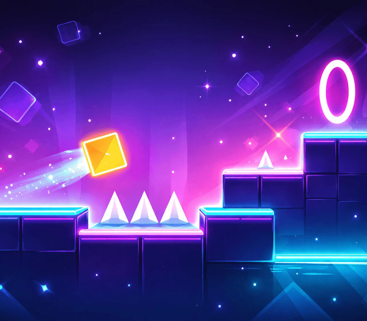 Illustrated neon platformer game with obstacles, spikes, and a glowing portal
