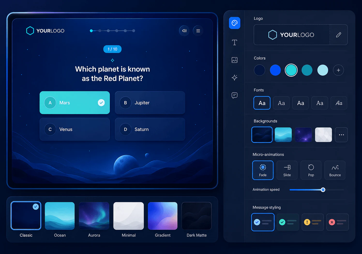 ResultFly quiz game screen with answer options and campaign controls