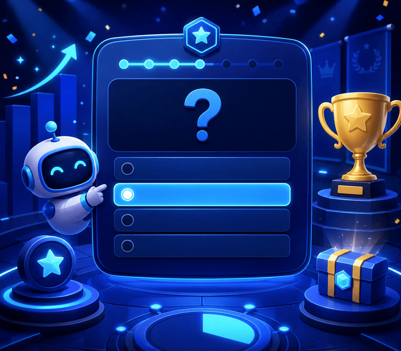 Illustrated quiz interface with question mark and answer choices
