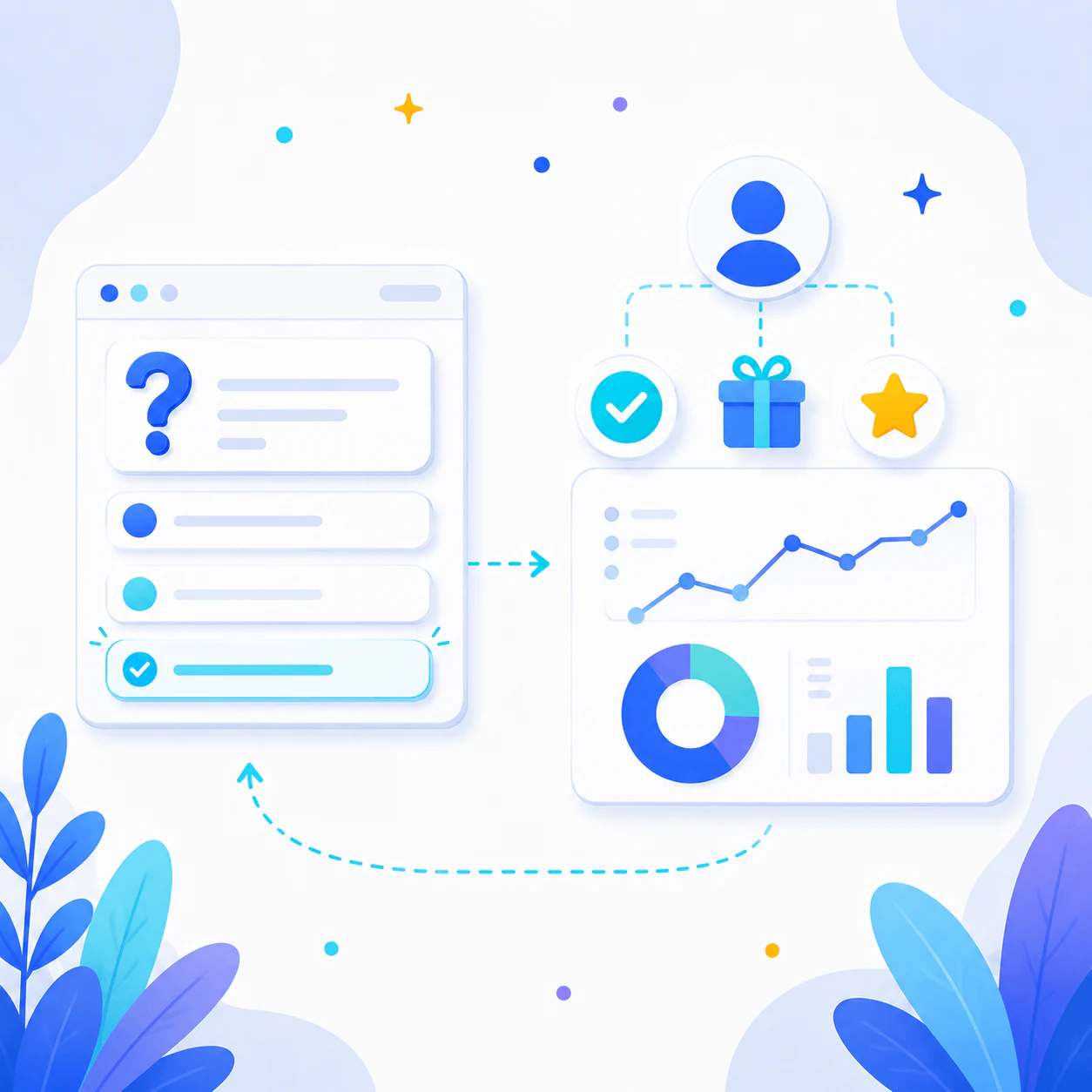 Illustrated quiz results connected to customer data and analytics