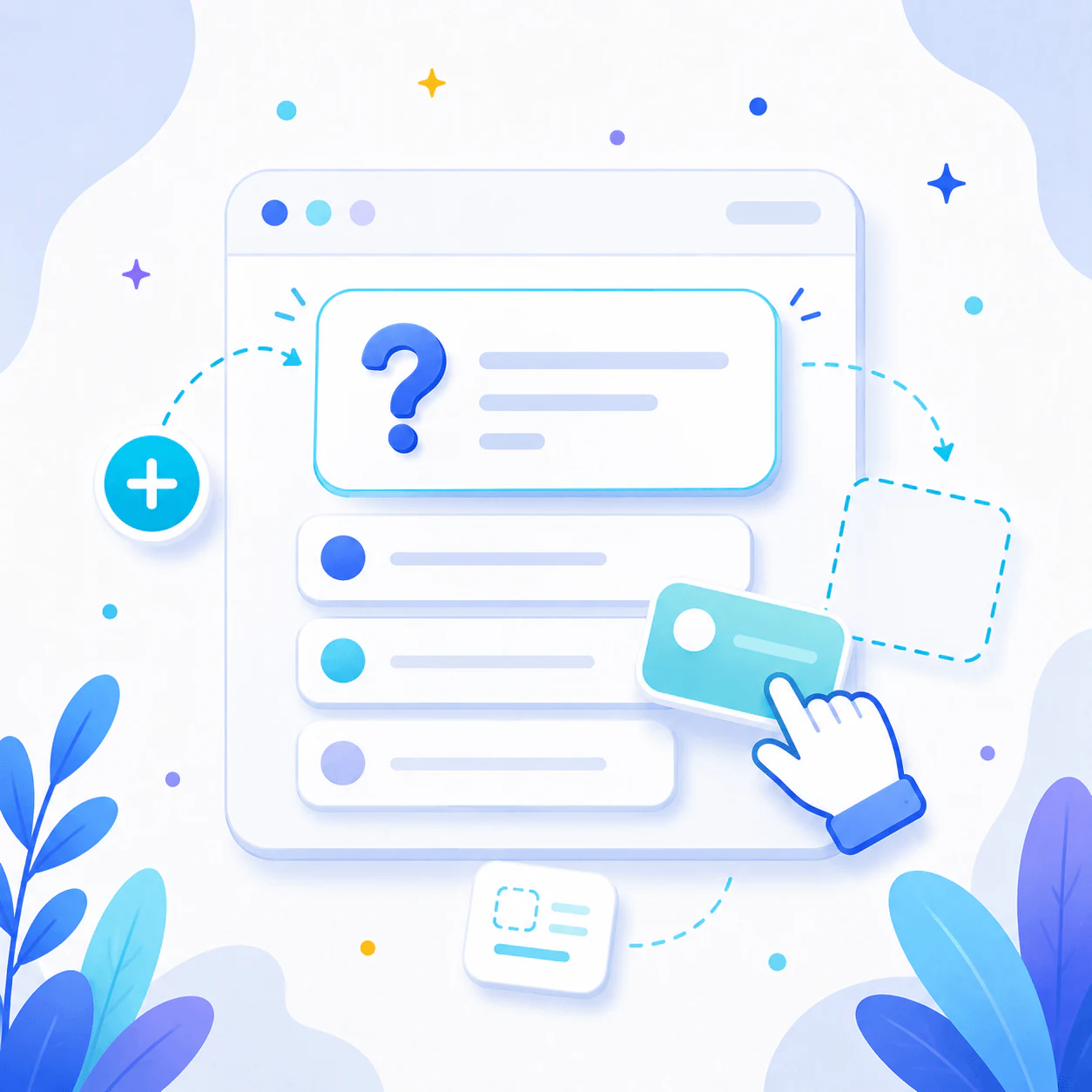 Illustrated quiz setup with a question card and answer choices
