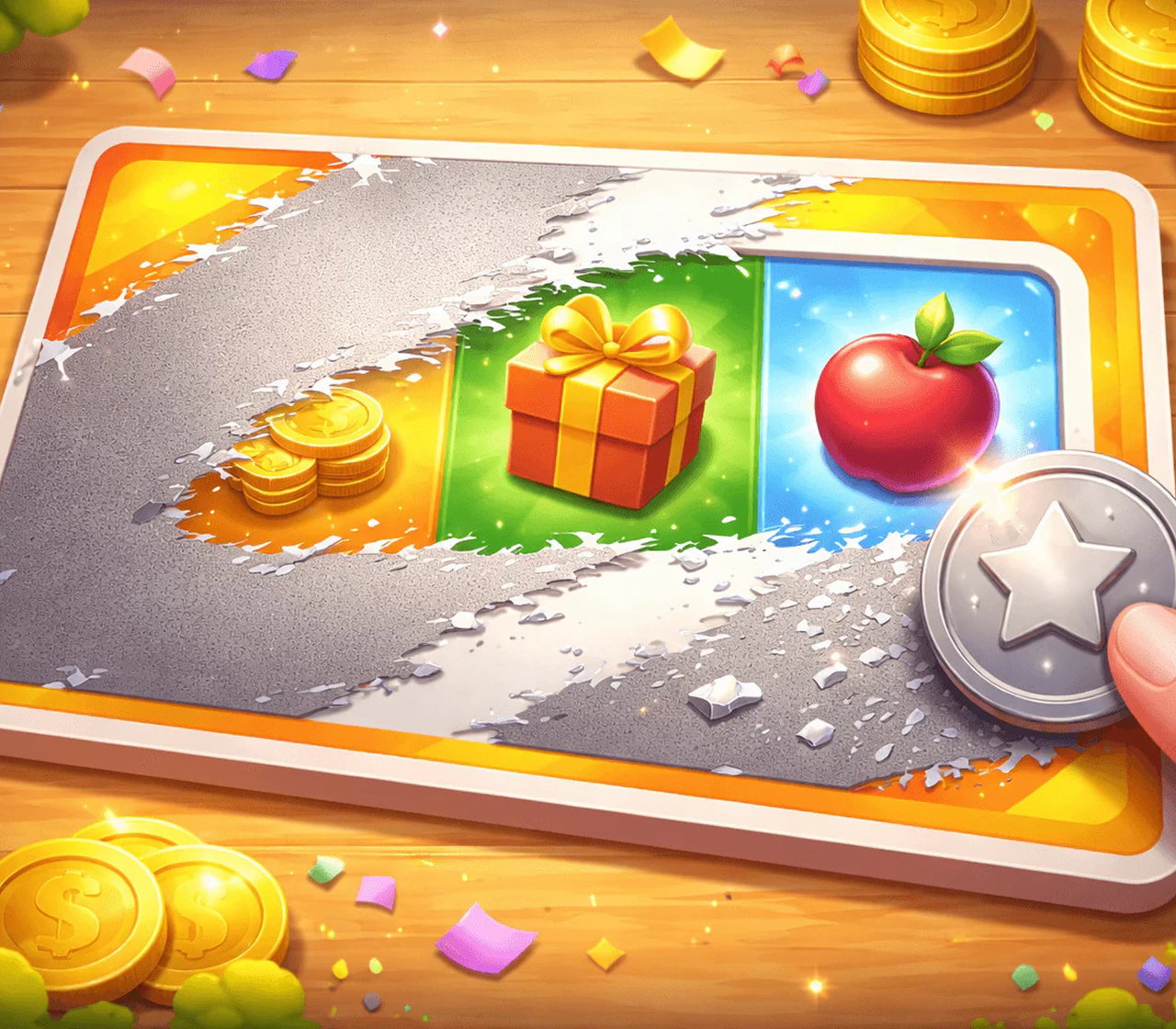 Illustrated scratch card revealing coins, a gift, and a prize