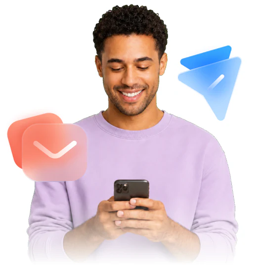 Customer using a phone with email and messaging icons