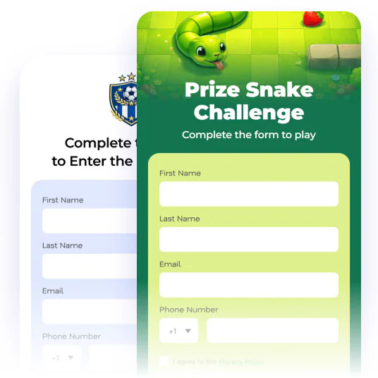 Branded campaign registration forms layered over a game preview