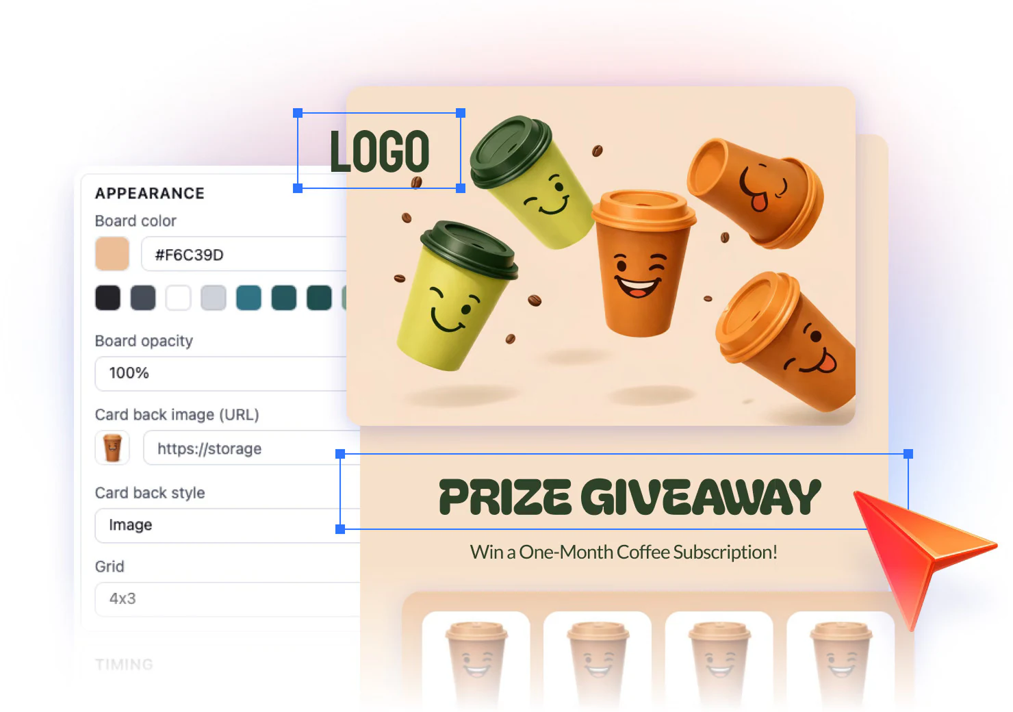 Visual campaign editor customizing branded cards and a prize giveaway