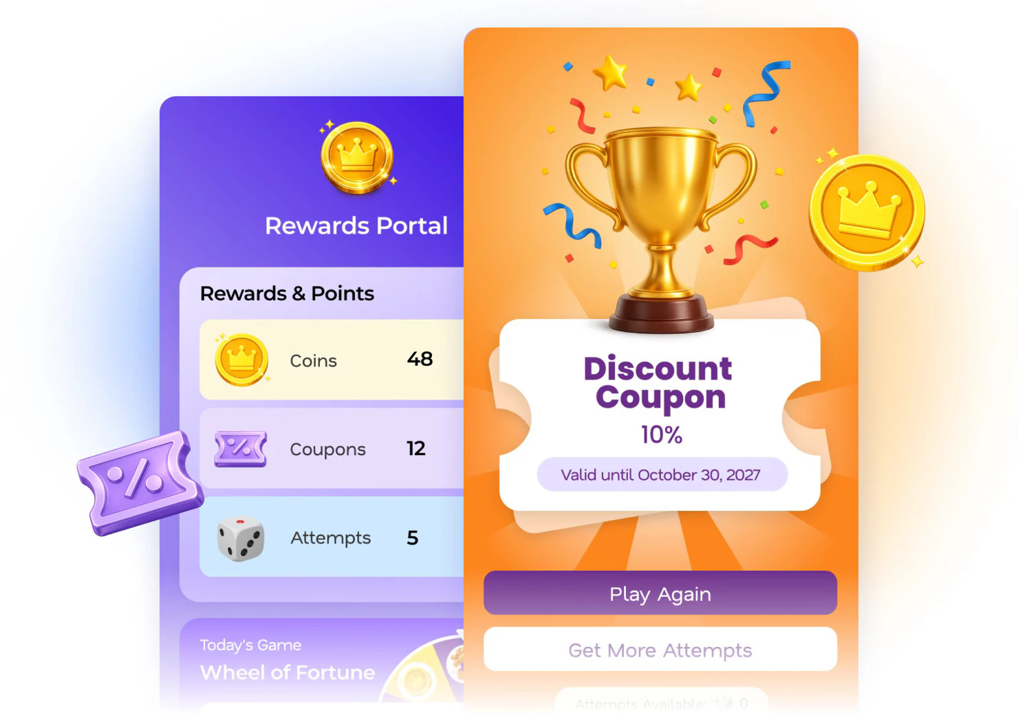 Rewards portal with a discount coupon, trophy, points, and play attempts