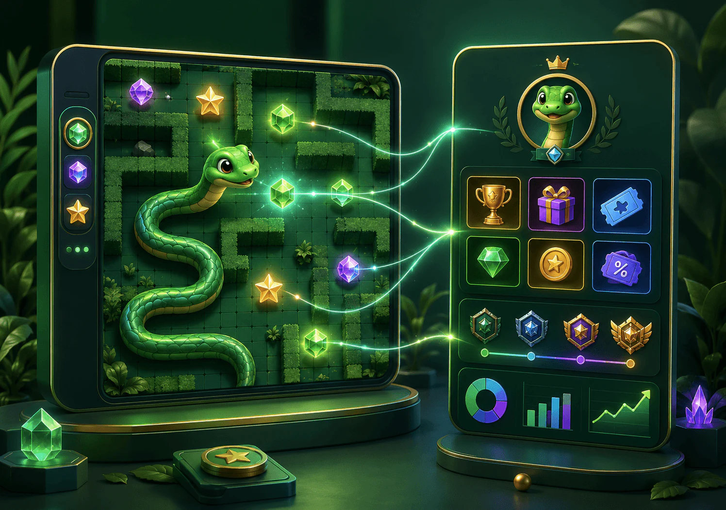 ResultFly snake game screen with collectible items and campaign controls