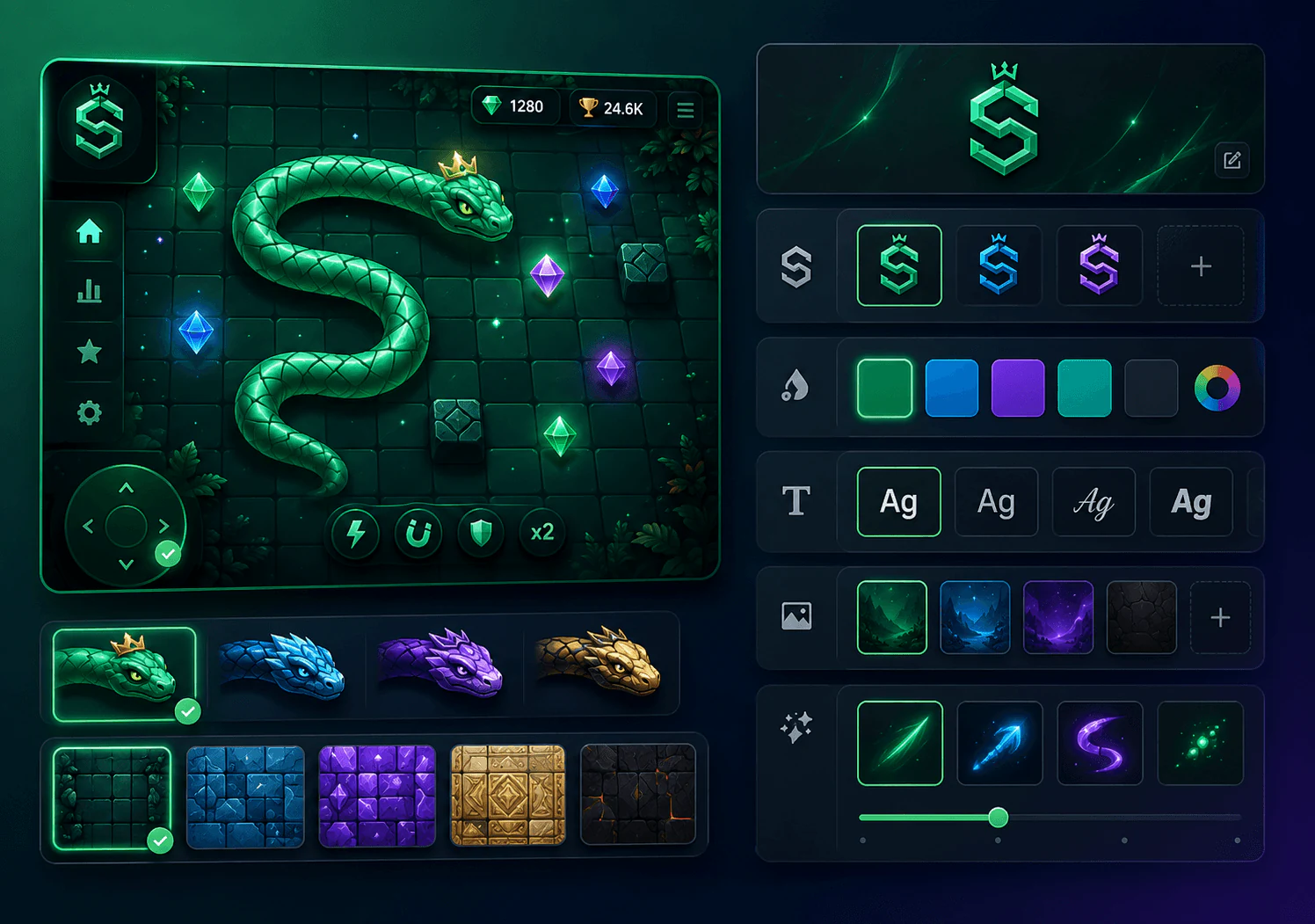 ResultFly snake game screen with collectible items and campaign controls