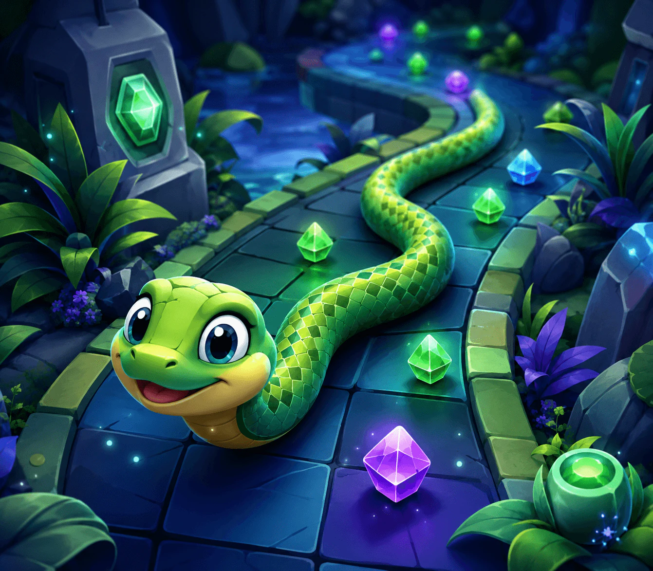 Illustrated snake game path with green snake and gemstone