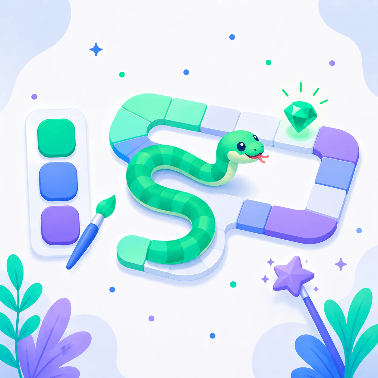 Illustrated branded snake game with custom colors and collectibles
