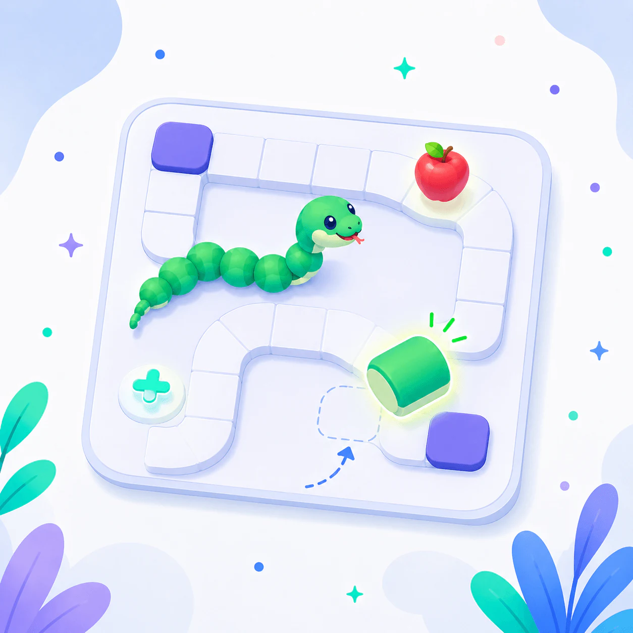 Illustrated snake game setup with board path and collectible item