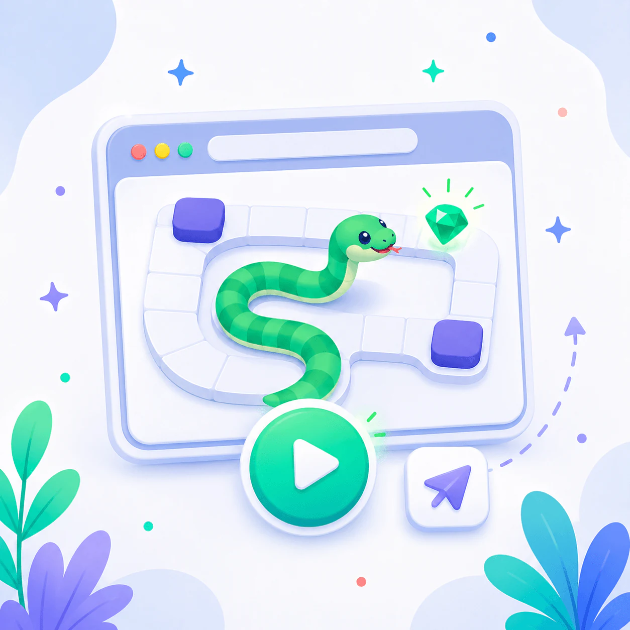 Illustrated snake game campaign displayed inside a browser-style frame