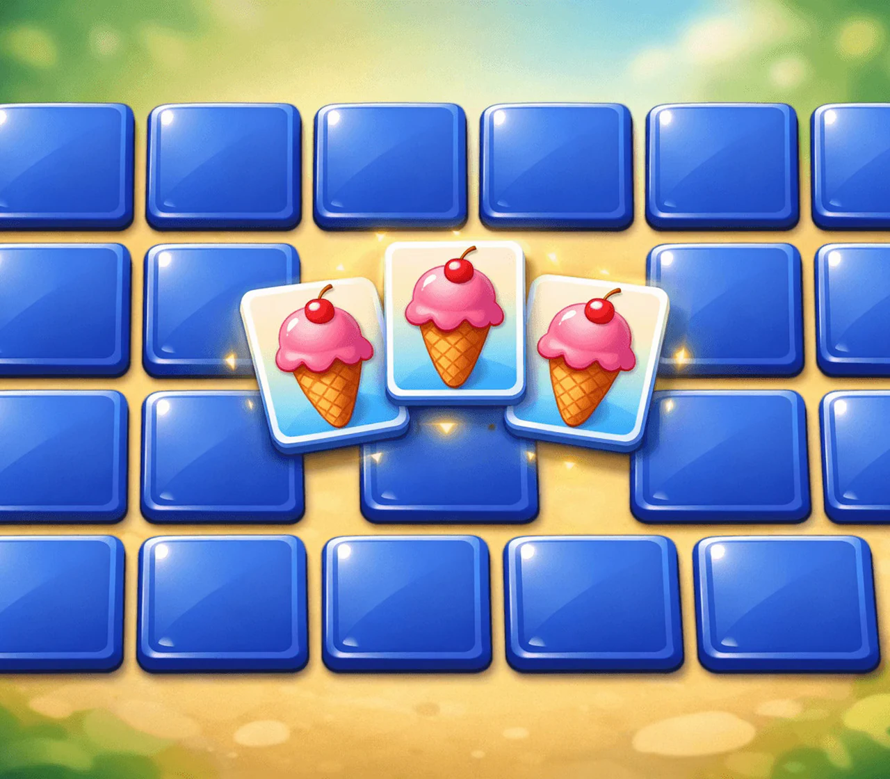 Illustrated triple memory game with three matching ice cream cards